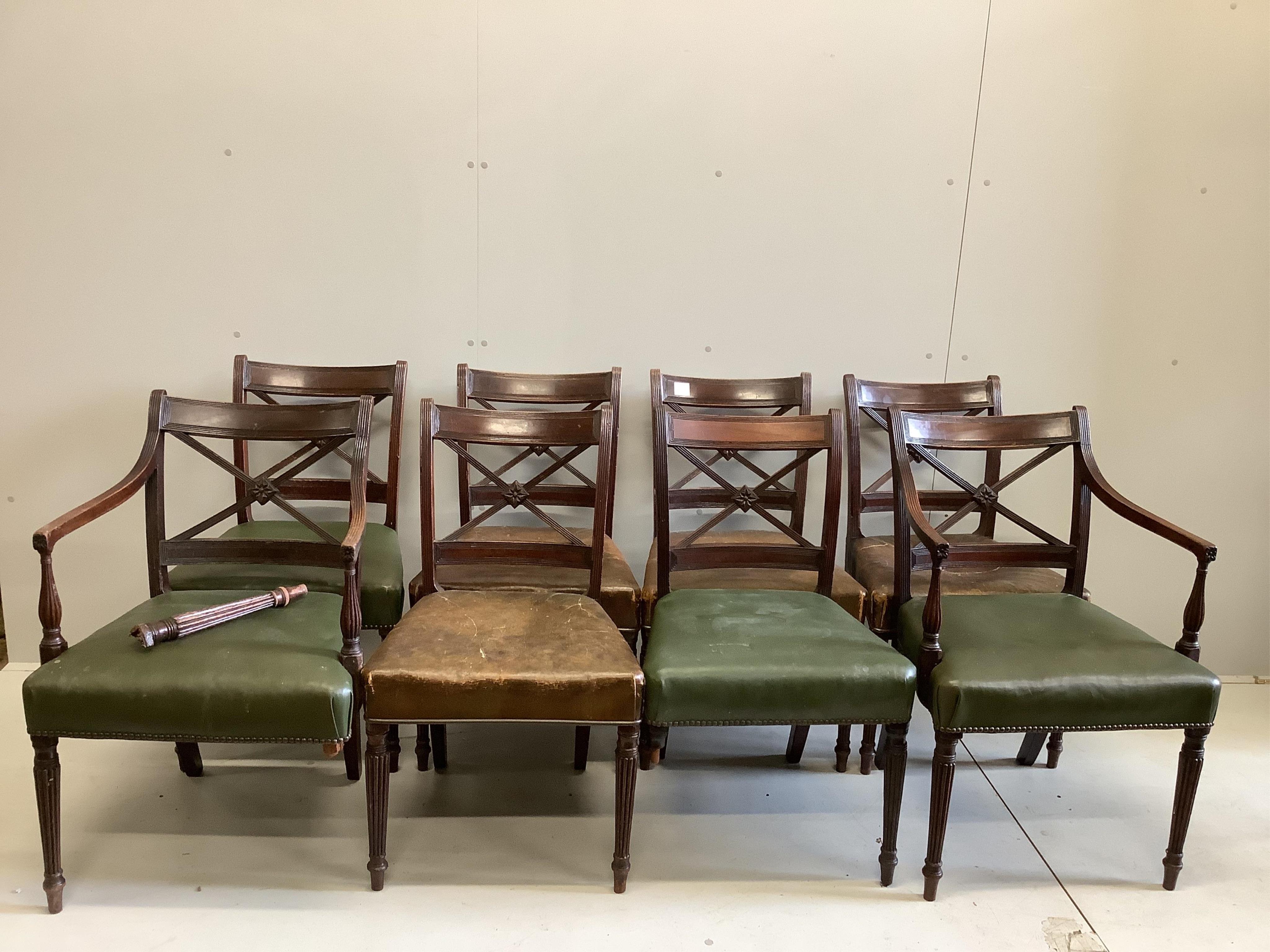 A set of eight George III mahogany 'X' back dining chairs (six single, two arm). Condition - poor, two a.f., one leg missing